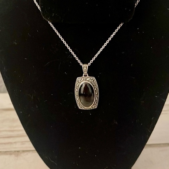 Jewelry - Silver Marcasite Onyx Pendant Necklace.
